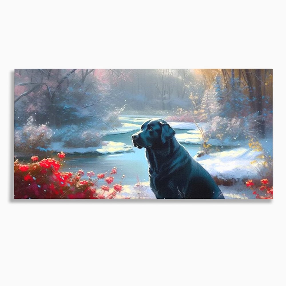 Tablou canvas cu tablou canvas cu labrador negru pe malul unui lac inzapezit, fara rama, pe sasiu de lemn